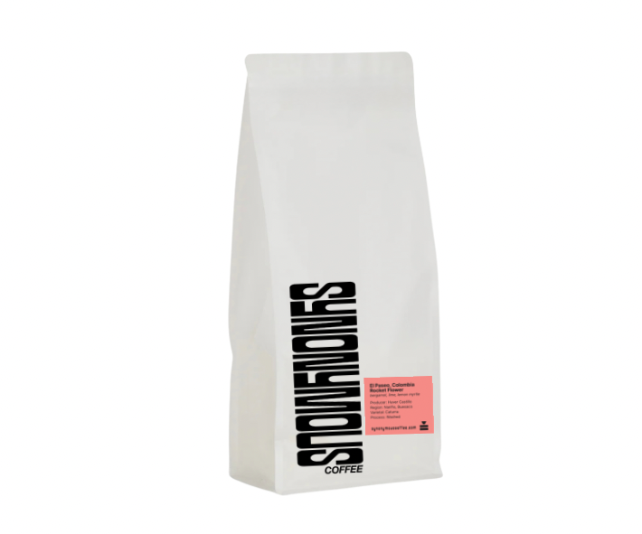 White coffee bag with black text on a white background